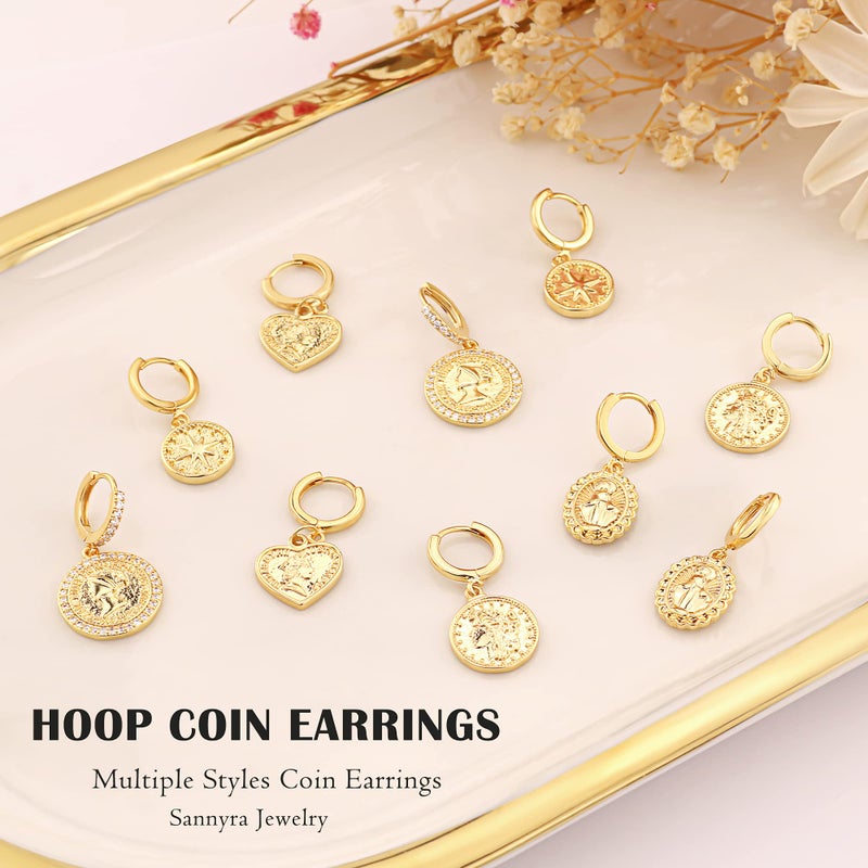 SANNYRA Gold Coin Earrings, 14K Gold Plated Brass Hoop Earrings, Dangle Design, Perfect for Various Occasions - Image 5
